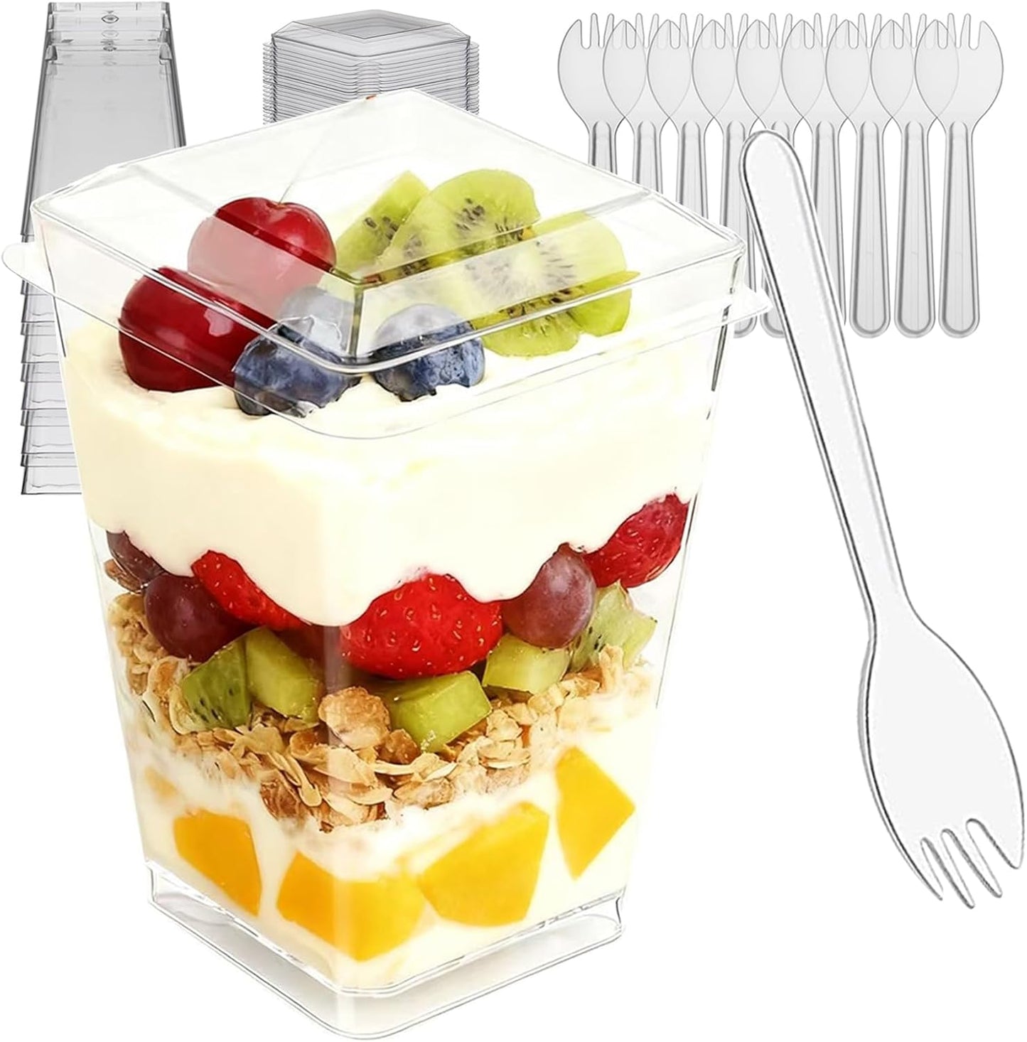 100 Pack Clear Dessert Cups with Lids and Spoons, 5.4oz Mini Dessert Cups Reusable Square Parfait Cup for Party Appertizer, Christmas