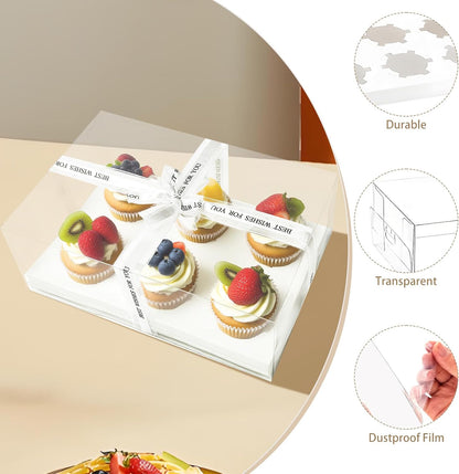 15 Pack Clear Cupcake Boxes, 6 Compartment Cupcake Container Set, Stackable Plastic Dessert Box with Gift Ribbon for Muffins, Macarons, Cookies, Dessert, Party(10.5 x 7.08 x 4 Inches)