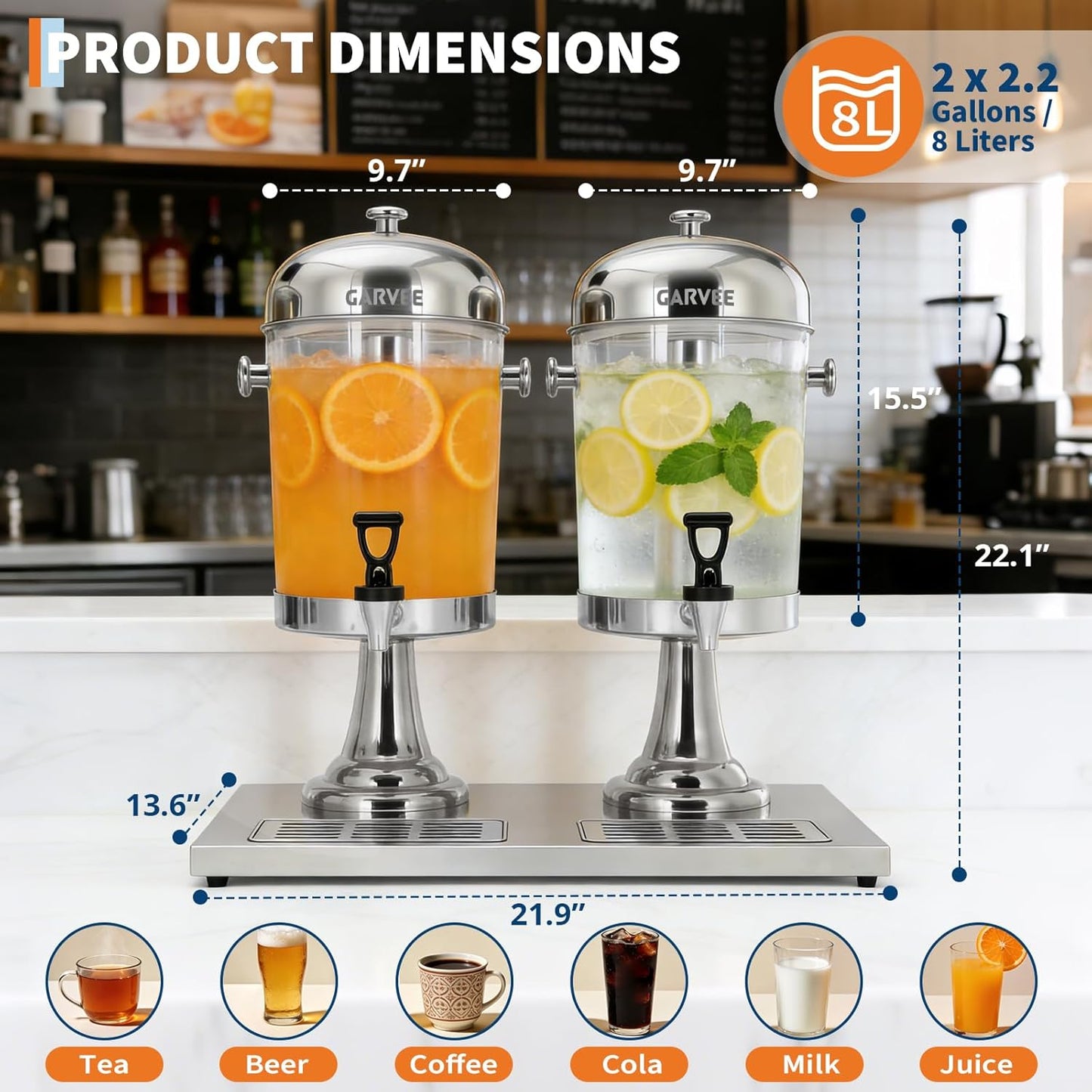 GarveeHome 2.2 Gallon Beverage Dispenser with Ice Core, Stainless Steel Cold Drink Dispenser with Stand, Spigot & Drip Tray for Lemonade, Iced Tea, Juice, Parties, Weddings & Events