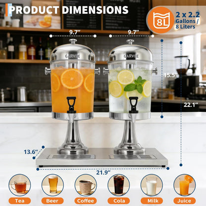 GarveeHome 2.2 Gallon Beverage Dispenser with Ice Core, Stainless Steel Cold Drink Dispenser with Stand, Spigot & Drip Tray for Lemonade, Iced Tea, Juice, Parties, Weddings & Events