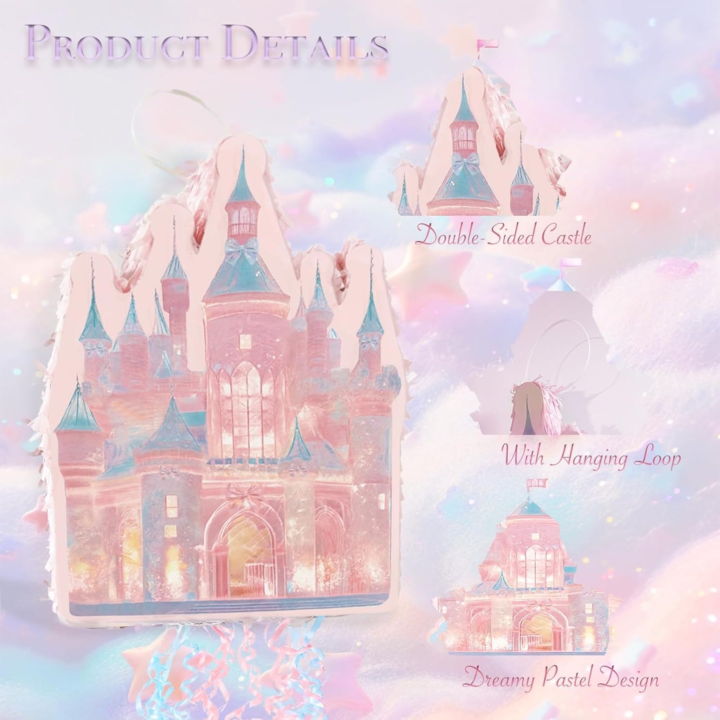 Princess Castle Pinata Set - Coquette Pink Castle Pull String Piñata with Blindfold and Stick for Girls Princess Themed Birthday Party Decorations, Winter Fairy Piñata (16.5 x12.4'')