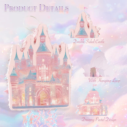 Princess Castle Pinata Set - Coquette Pink Castle Pull String Piñata with Blindfold and Stick for Girls Princess Themed Birthday Party Decorations, Winter Fairy Piñata (16.5 x12.4'')