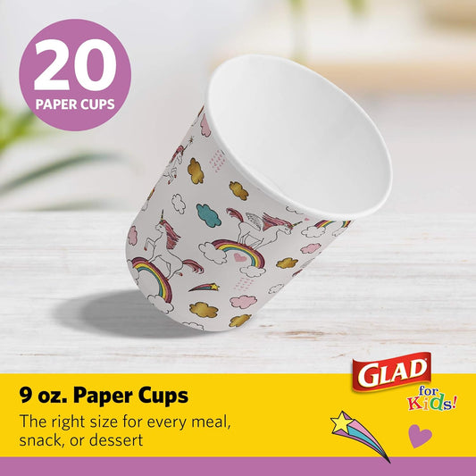 Glad for Kids Unicorn Paper Cups, White with Colorful Unicorn Design, 9 Ounce Soak-Proof Paper Cups for Kids, Heavy Duty for Everyday Use, Perfect for Playdates and Parties, 20 Count