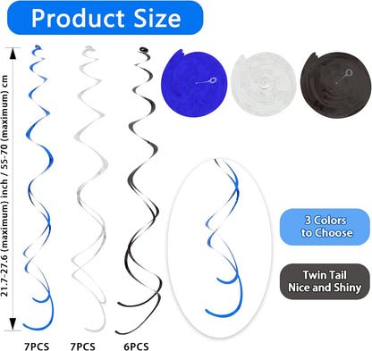 BEISHIDA Blue Blue Silver Hanging Swirls Party Decorations Plastic Streamer for Ceiling, Birthday Hanging Party Supplies, Pack of 30