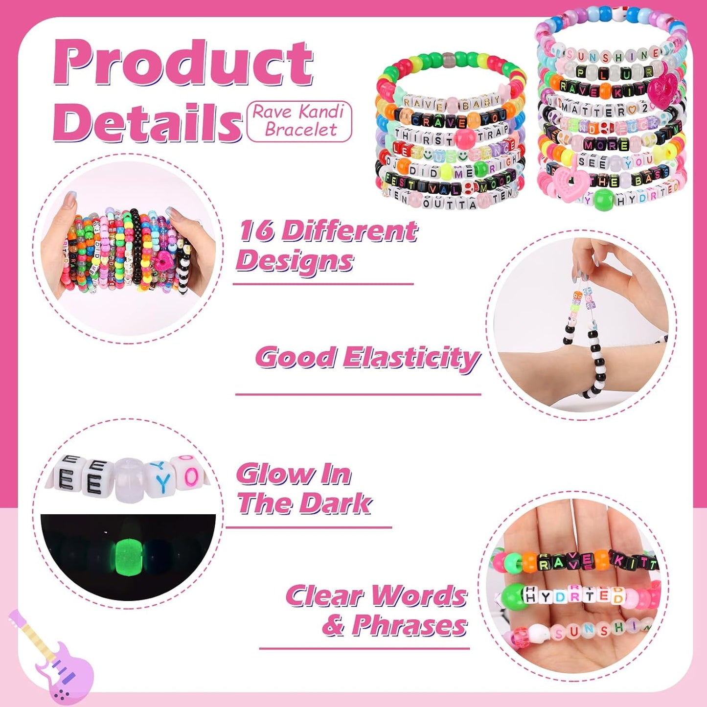 16/24/32Pcs Rave Music Bracelets Set Glow In The Dark EDM Music Stretch Bracelets Multicolor Rave Party Favor for Women Men EDM Party Music Festival