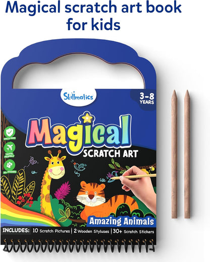Skillmatics Scratch Art Book for Kids - Unicorns & Princesses, Craft Kits & Supplies, 30+ Scratch Stickers, Travel Toys, DIY Kit, Gifts for Girls & Boys Ages 3, 4, 5, 6, 7, 8
