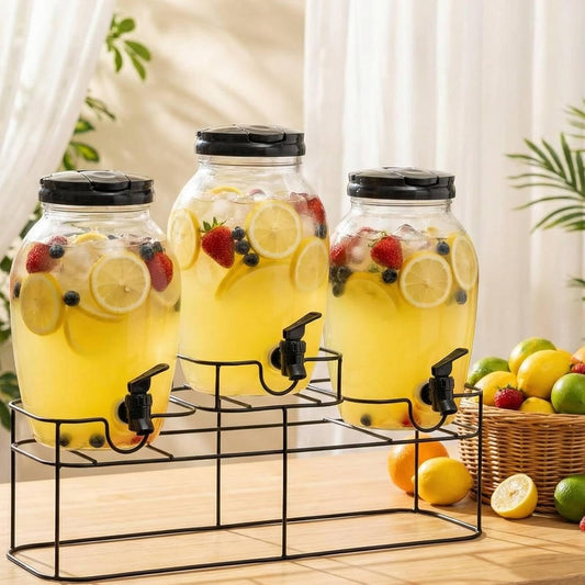 Tanlade 3 Pcs Plastic Drink Dispenser with Spigot and Metal Stand 1.2 Gallon Beverage Dispenser for Parties Juice Dispensers Lemonade Jar with Lids for Cold Drink Tea Water Container