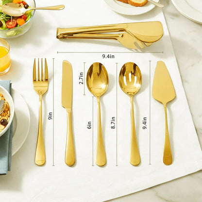 6 PCS Premium Stainless Steel Serving Utensils Set, Large Serving Spoons Slotted Spoons, Forks, Ice Tongs, Cake Server, Soup Ladle, Metal Flatware Set for Buffet Catering Banquet Home Party (Gold)