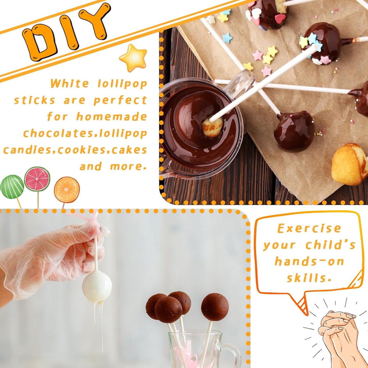 200 Count White Lollipop Sticks,6-Inch Paper Sticks Sucker Stick for Cake Pops,Cupcake Toppers,Candy Melt,Chocolate,Cookie,Dessert(Dia 3.5mm)