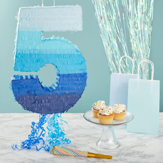 BLUE PANDA Pull String Pinata - Corrugated & Number 4 Pinata - Ombre Blue Tissue & 4 Year Old Birthday Decor - Easy Fill & 4 Year Old Boy Fun - Number 4, Ombre Blue - 16.5 x 12 x 3 in
