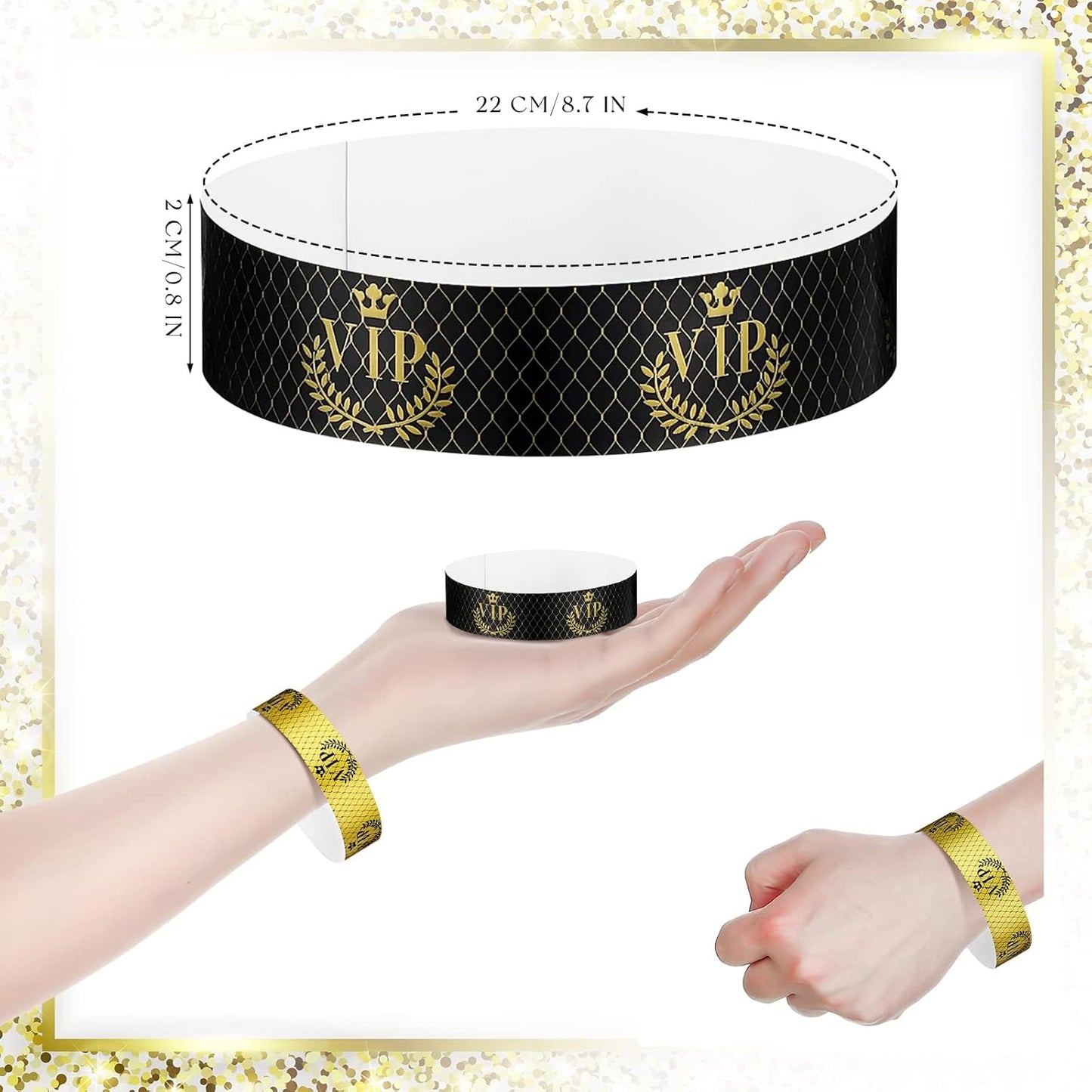 Jadive 500 Pieces Paper Wristbands VIP Plastic Waterproof Party Identification Wristbands Party Bracelets for Events Amusement Parks, Club, Concerts, Fairs, Festivals and Events(Black, Gold)