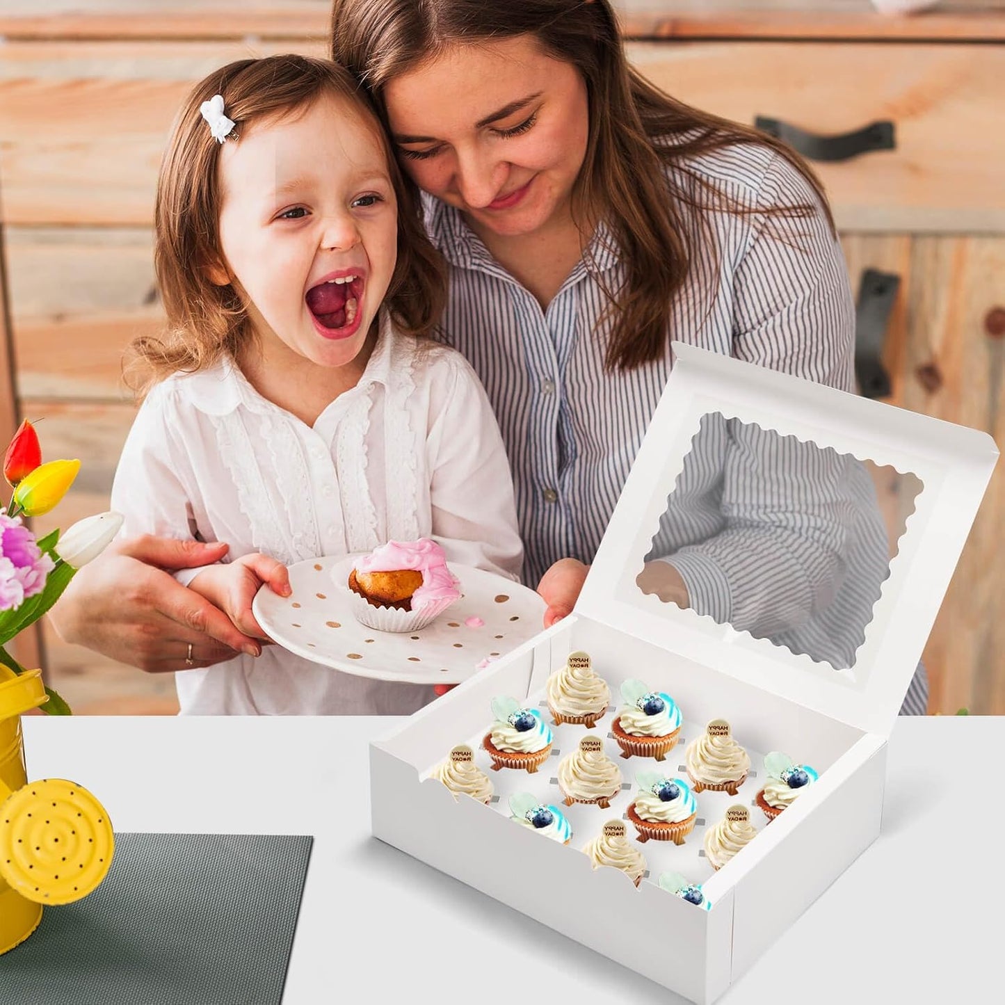 12-Count White Cupcake Boxes with Window and Insert, 13x10x3.5 Inch, Set of 10, Suitable for Cupcakes, Muffins, and Cookies