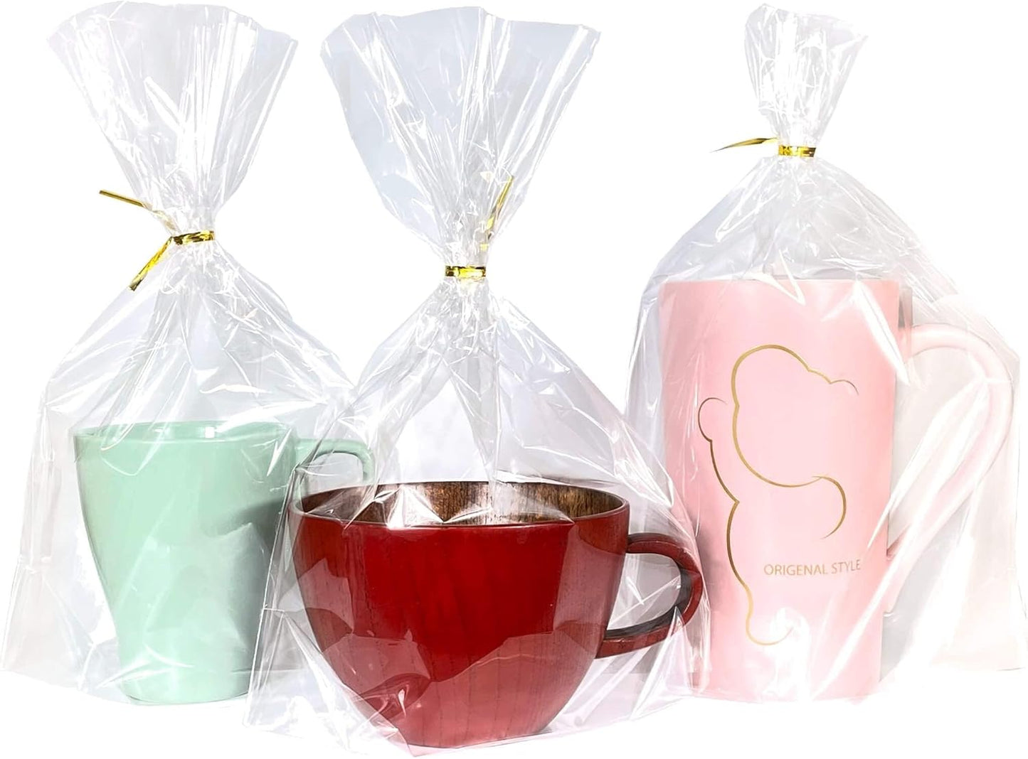 PigPotParty Cellophane Treat Bags 6x9 Inch, 50 Pack Clear Goodie Bags with Bottom Gusset for Stand-Up Display, Small Plastic Gift Wrap for Cookies, Candy, Party Favors, Popcorn, Includes 50 Gold Ties