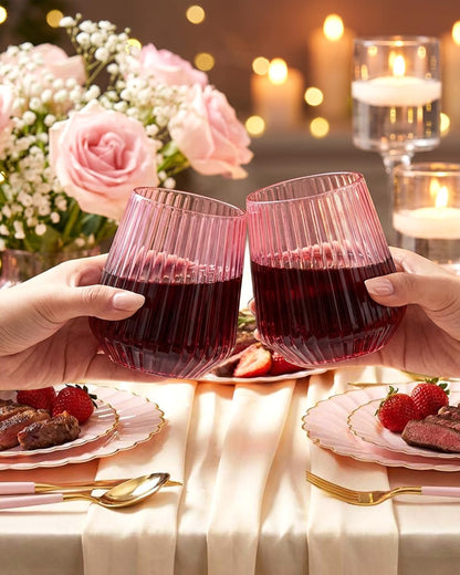 Ciaell 30 Pack Pink Plastic Ribbed Wine Glasses, 12 OZ Origami Stemless Disposable Wine Champagne Whiskey Glasses Unbreakable Clear Plastic Cocktail Glasses, Wine Cups for Party Wedding
