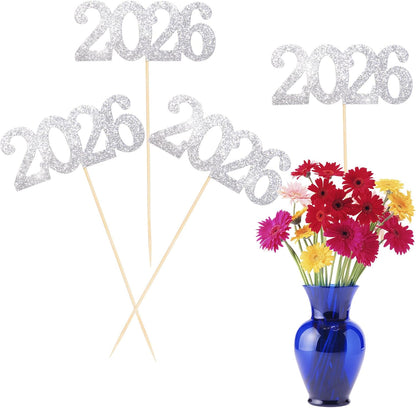 12 Pieces Glitter 2026 Centerpiece Sticks Black Double Sided 2026 Graduation Party Sticks 2026 Floral Picks Table Centerpiece Topper for 2026 Graduation New Year Party Decoration Supplies,4.9x9.1"