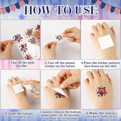 JUNEBRUSHS 4th of July Temporary Tattoos, 180 Pcs Patriotic Stars Tattoos Red White and Blue Party Decorations USA Independence Day Supply 12 Styles Safety Face Make up for Fourth of July Memorial Day