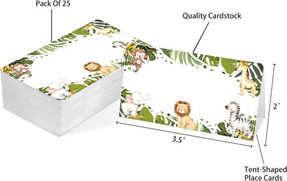 Table Place Card, Jungle Safari Animals Themed Tent Style Cards, Pack of 25 Half-Fold Reception Place Card, Gold Wild Animal Food Labels, Perfect for Baby Shower, Birthday Party C08