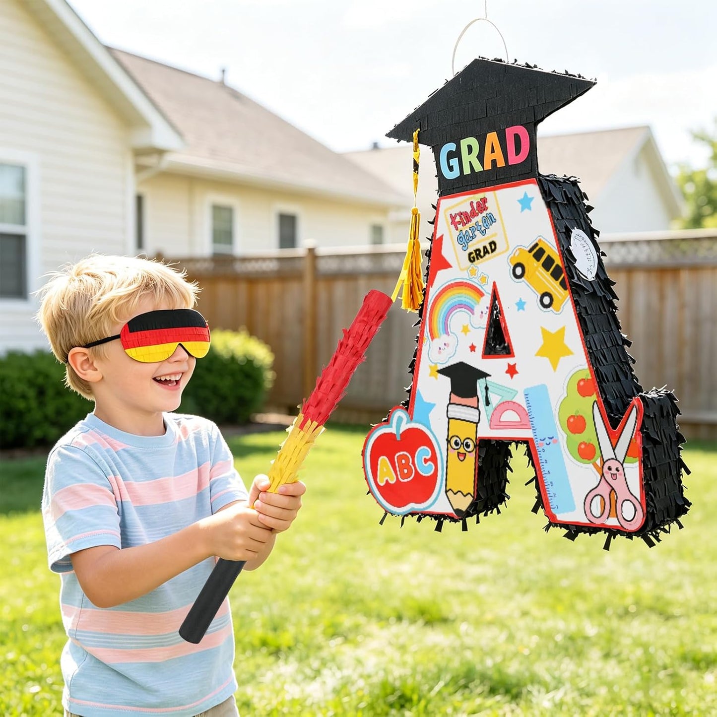 2026 Graduation Piñata with Stick,Blindfold,Confetti - 15.8 Inch Congrats Grad Cap Piñata Yellow End of Year Piñata Party Decoration for Kindergarten School Elementary College Games (Style 2)