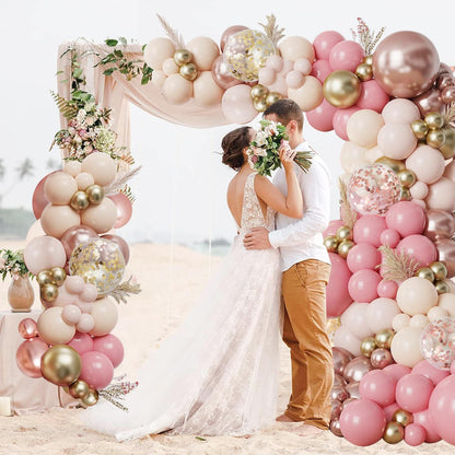Pink Gold White Balloon Arch Kit - 144 PCs Pastel Light Pink and Beige Sand White Gold Chrome Balloons for Mothers Day Girls Women Birthday Bridal Shower Engagement Wedding Party Decorations