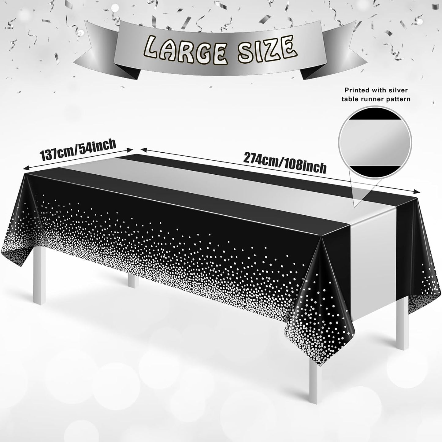 MASHAN 3Pcs Black and Red Tablecloth Party Decorations,Plastic Black Table Cloth Printed Red Table Runner Disposable Rectangle Cover for Birthday Weeding Anniversary Graduation Party,54 x108 Inch