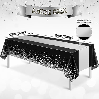 MASHAN 3Pcs Black and Red Tablecloth Party Decorations,Plastic Black Table Cloth Printed Red Table Runner Disposable Rectangle Cover for Birthday Weeding Anniversary Graduation Party,54 x108 Inch