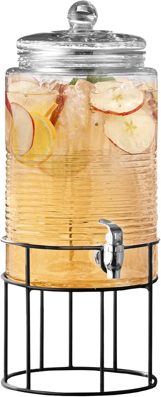 Style Setter Beverage Dispenser Cold Drink Dispenser w/ 3-Gallon Capacity Glass Jug, Metal Stand & Leak-Proof Acrylic Spigot Great for Parties, Weddings & More