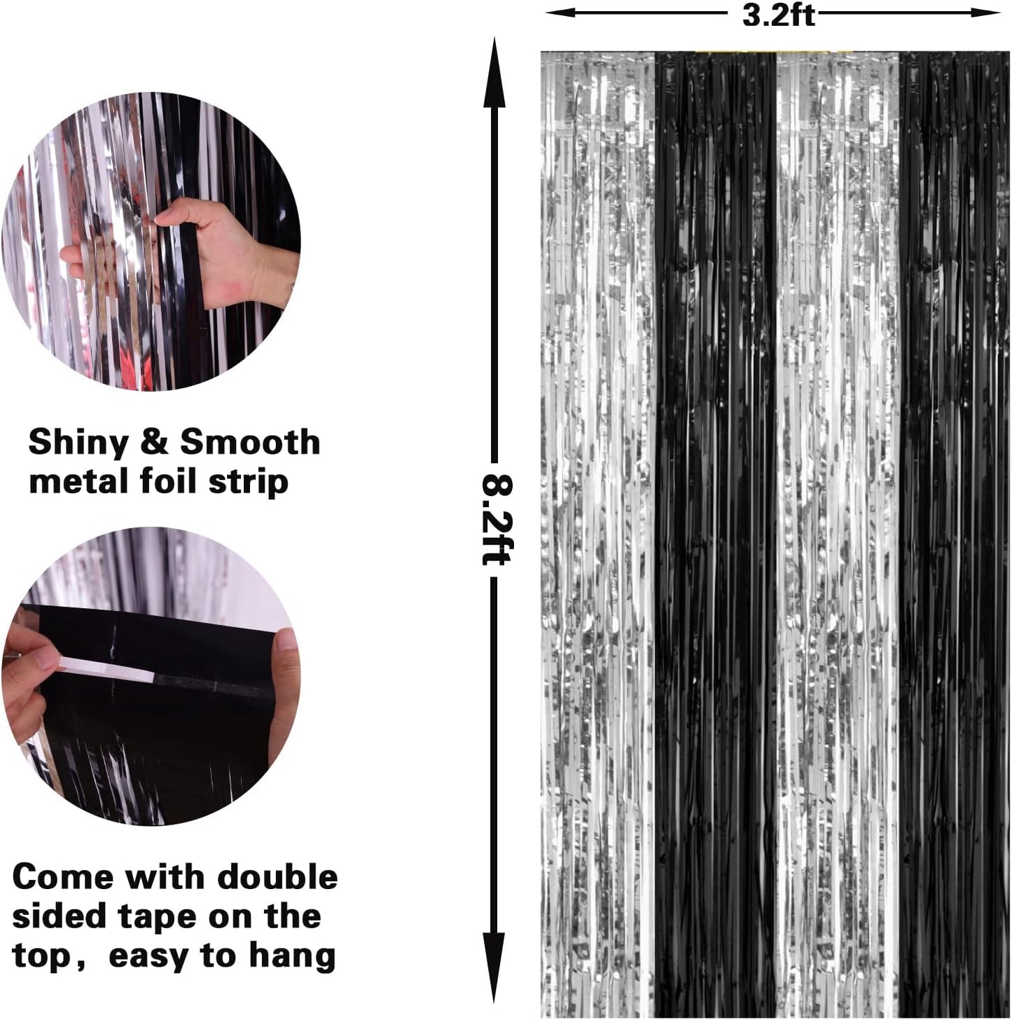 2 Pack 3.2ft x 8.2ft Silver Metallic Tinsel Foil Fringe Curtains, Door Streamer Photo Booth Backdrop for Birthday Graduation Engagement Bridal Shower Bachelorette Baby Shower Party Decorations