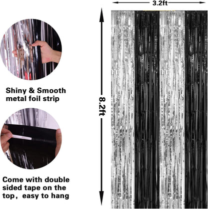 2 Pack 3.2ft x 8.2ft Silver Metallic Tinsel Foil Fringe Curtains, Door Streamer Photo Booth Backdrop for Birthday Graduation Engagement Bridal Shower Bachelorette Baby Shower Party Decorations