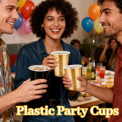 GGOLDMER 50 Pack 16oz Plastic Party Cups - Black and Gold Disposable Plastic Cups Graduation Cup for Cold Drinks, Halloween, Party, Weddings, Birthdays, Picnic, Holiday