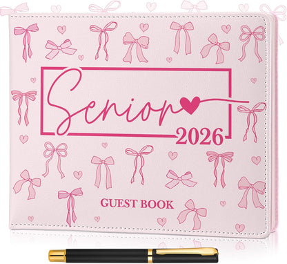 Patelai Pink Bow Graduation Guest Book Class of 2026 Party Decorations Leather Graduation Guest Signature Party Sign Gift with Pen, 112 Pages (Congrats Grad)