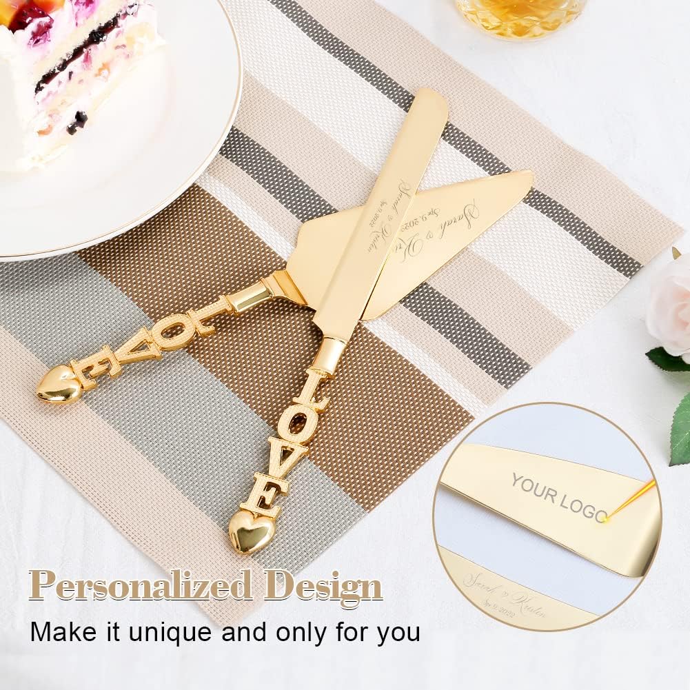 Wedding Cake Knife and Server Set, Personalized Gold Cake Cutting Set for Wedding, Engraved Classic Cake Knives Cutter Set, Pie Server, Birthday Bridal Quinceañera Gift (CUS-Flower)