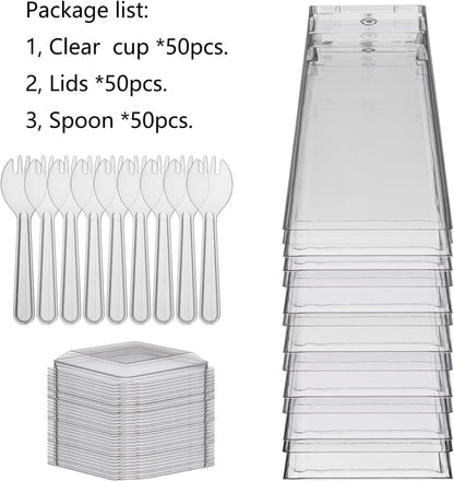 100 Pack Clear Dessert Cups with Lids and Spoons, 5.4oz Mini Dessert Cups Reusable Square Parfait Cup for Party Appertizer, Christmas