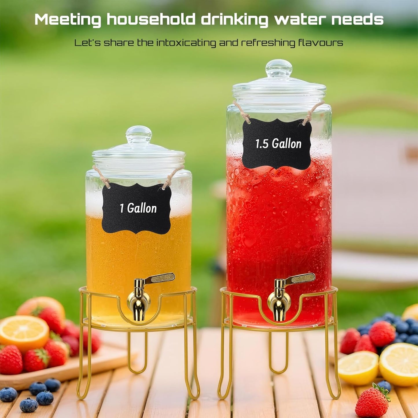 DHSBTLS 1.5 Gallon Glass Drink Dispensers, Round Beverage Dispenser for Party, BBQ and Picnic, Clear Airtight Juice Dispenser with Golden Stand, Stainless Steel Spigot, Markers and Chalkboard
