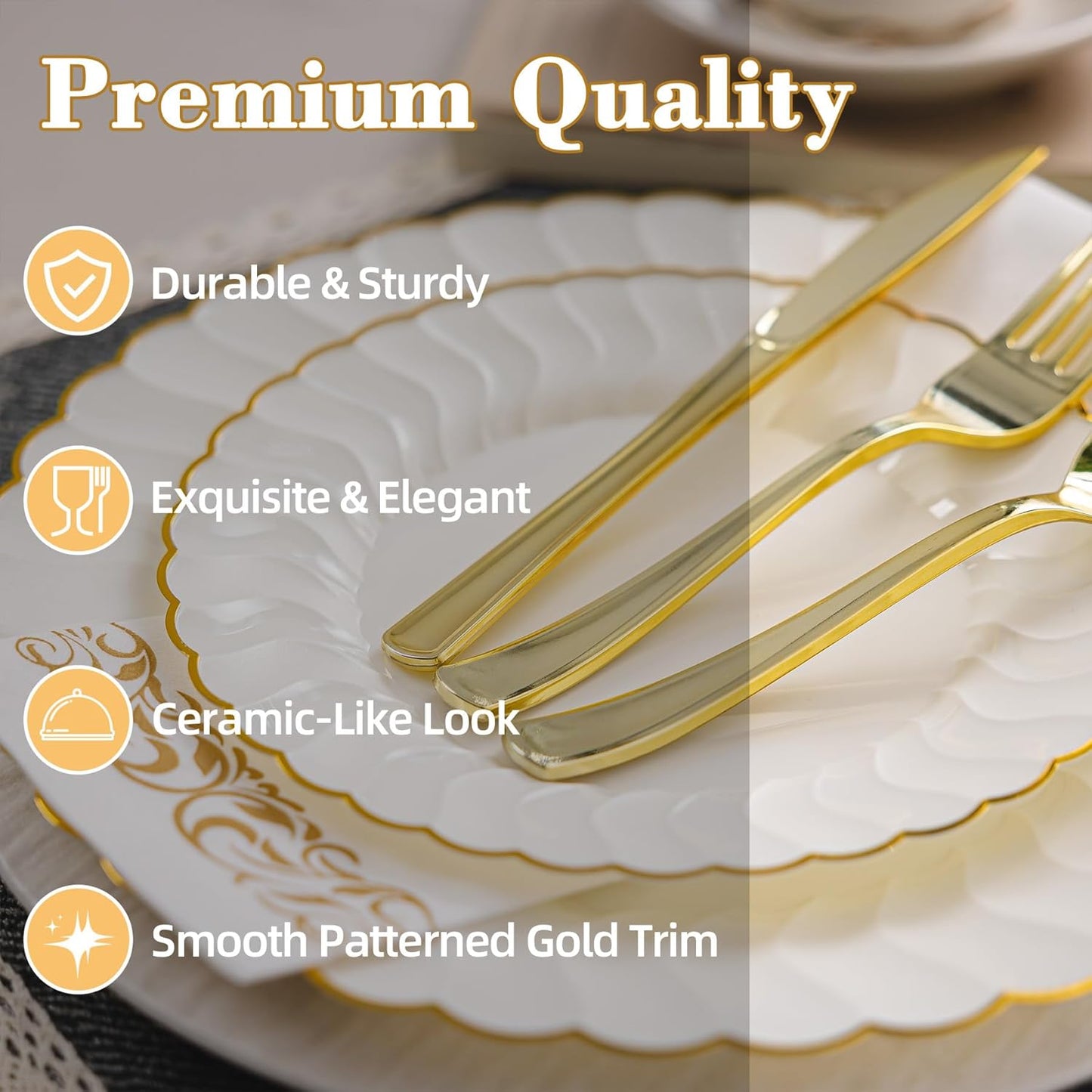 Lullaby 60PCS Ivory Scalloped Plastic Plates with Gold Rim, Disposable Elegant Plates Include 30pcs Dinner Plate 10.25", 30pcs Plastic Dessert Plate 7.5", Perfect for Wedding and Party