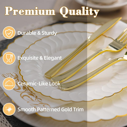Lullaby 60PCS Ivory Scalloped Plastic Plates with Gold Rim, Disposable Elegant Plates Include 30pcs Dinner Plate 10.25", 30pcs Plastic Dessert Plate 7.5", Perfect for Wedding and Party