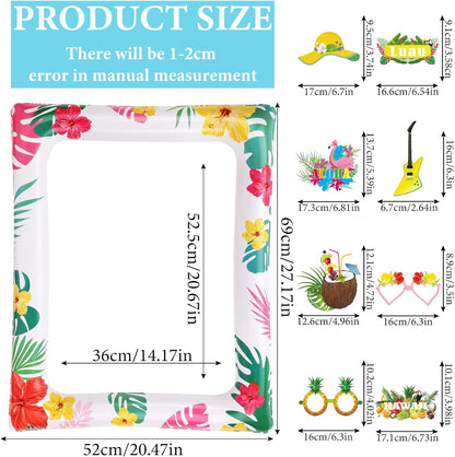 Hawaiian Party Photo Booth Props Kit, 30 PCS Luau Photo Booth Props with Large Inflatable Selfie Picture Frame for Hawaiian Tropical Tiki Summer Pool Party Supplies