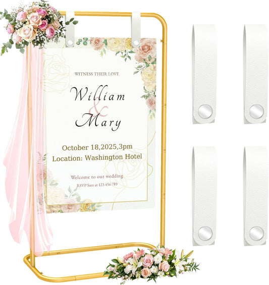 MsMk Wedding Welcome Sign Holder, 70”x31”x 20” Welcome Sign Stand with 4 Leather Sign Hanging Straps Adjustable Wedding Seating Charts Holder & Event Decor for Party, Baby Shower, Graduation Ceremony
