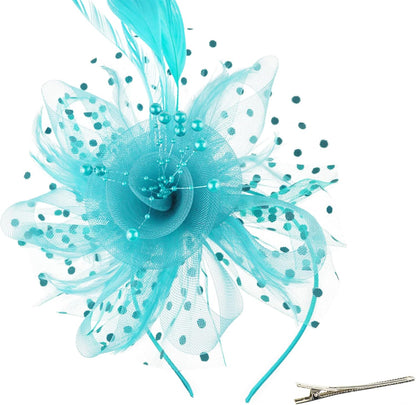 DRESHOW Fascinators Hat Flower Mesh Ribbons Feathers on a Headband and a Clip Tea Party Headwear for Girls and Women - Colors A