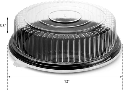 Frcctre 12 Pack 12 Inch Plastic Serving Tray with Lid, Disposable Plastic Food Serving Platters with Clear Dome Lids, Stackable Round Trays for Party, Takeout Food, Catering, Picnic
