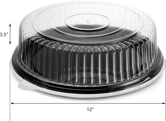 Frcctre 12 Pack 12 Inch Plastic Serving Tray with Lid, Disposable Plastic Food Serving Platters with Clear Dome Lids, Stackable Round Trays for Party, Takeout Food, Catering, Picnic