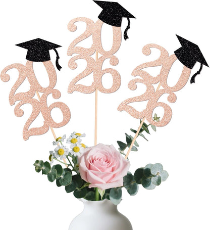 Class of 2026 Graduation Centerpieces, 10 Pcs Gold Glitter 2026 Centerpieces with Graduation Cap, Congrats Grad Party Decorations for Cake, Dessert & Centerpieces