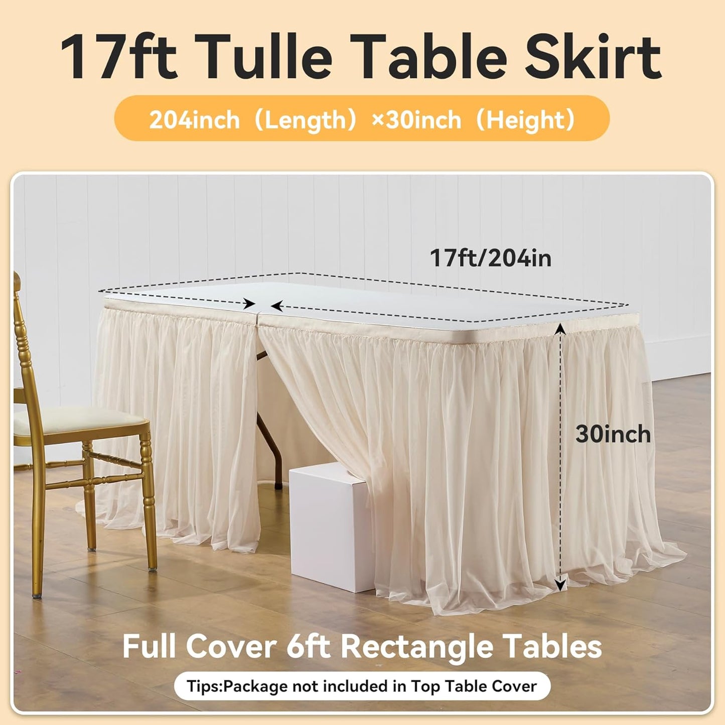 72inch Champagne Gold Tulle Table Skirts for Rectangle Round Tables, Gold Grim Ruffle Tulle Tutu Cloth Table Skirt 6ft for Wedding Birthday Party Cake Dessert Decor(No Top Cover)
