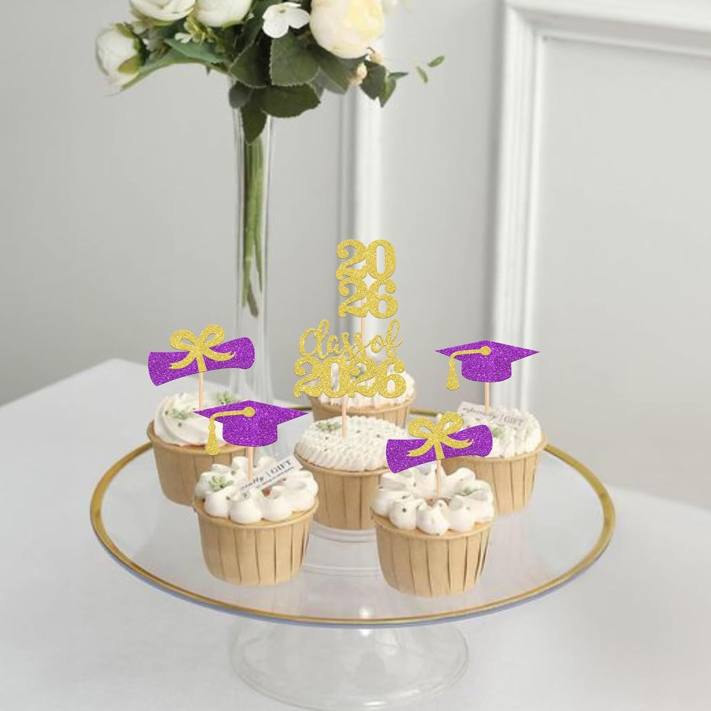 36 PCS 2026 Graduation Theme Cupcake Toppers Glitter Class of 2026 Grad Cap Diploma Cupcake Picks 2026 Graduation Theme Party Cake Decorations Supplies Deep Blue