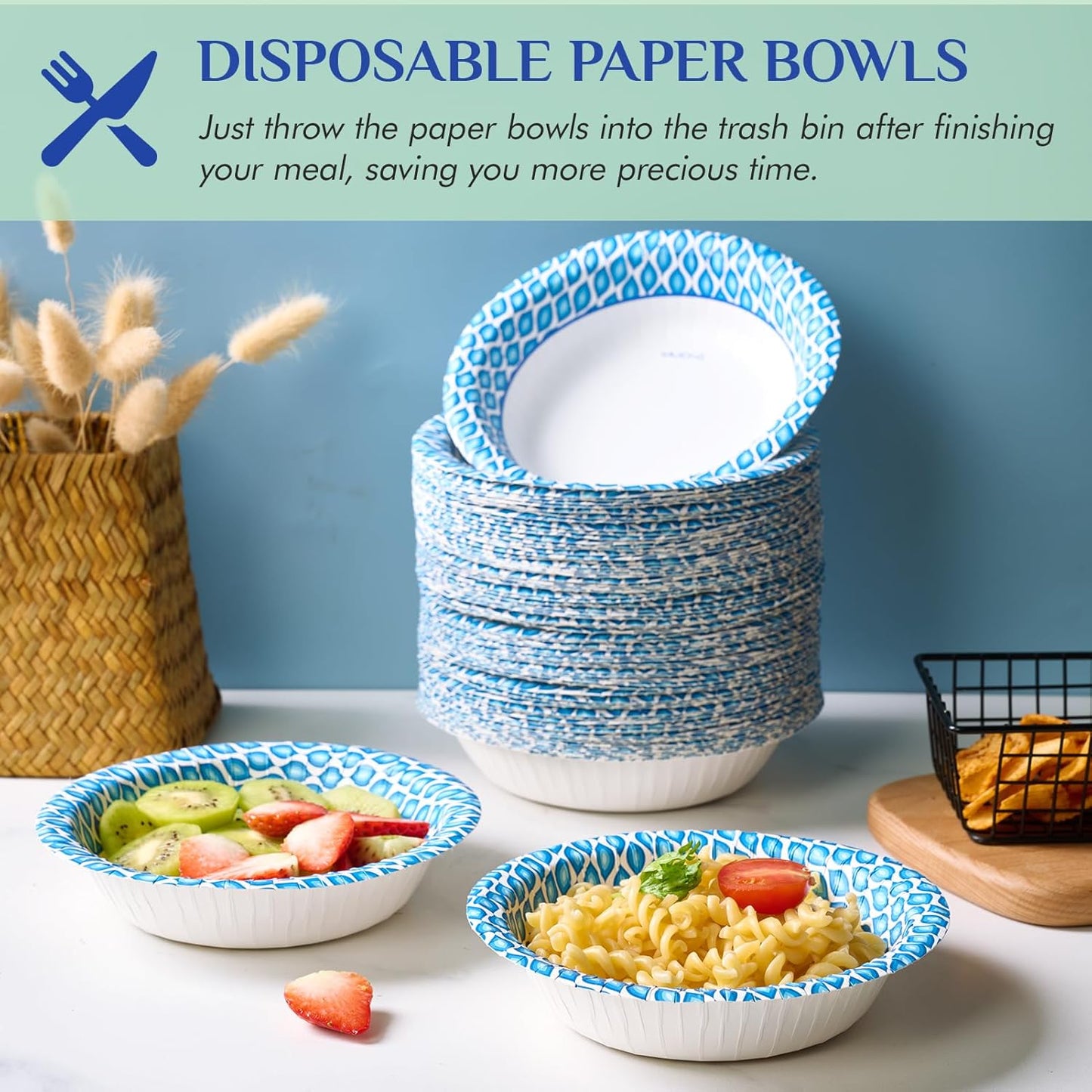 MUCHII 20 Oz Paper Bowls 180 Count Disposable Bowls, Printed Soak Proof Large Bowls for Breakfast, Lunch, and Dinner Meals