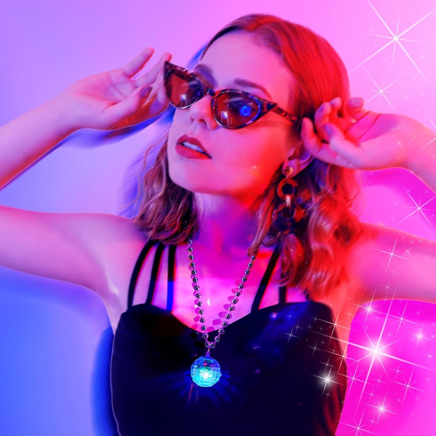 Sasylvia 12 Pcs LED Disco Ball Necklaces Light up Bead Necklaces 70s Disco Party Favors Glow in The Dark Bead Jewelry Costume Accessories for New Year Party Dance Supplies(Silver, Colorful)