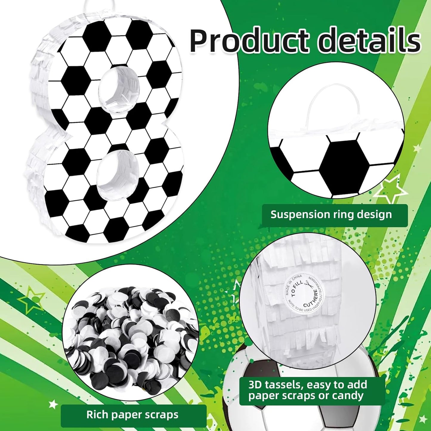 16Inch Soccer Ball Number 9 Piñata Includes Wooden Stick, Blindfold, and Confetti for for Kids 7th Anniversary Sport Themed Party Birthday Supplies