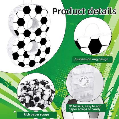 16Inch Soccer Ball Number 9 Piñata Includes Wooden Stick, Blindfold, and Confetti for for Kids 7th Anniversary Sport Themed Party Birthday Supplies