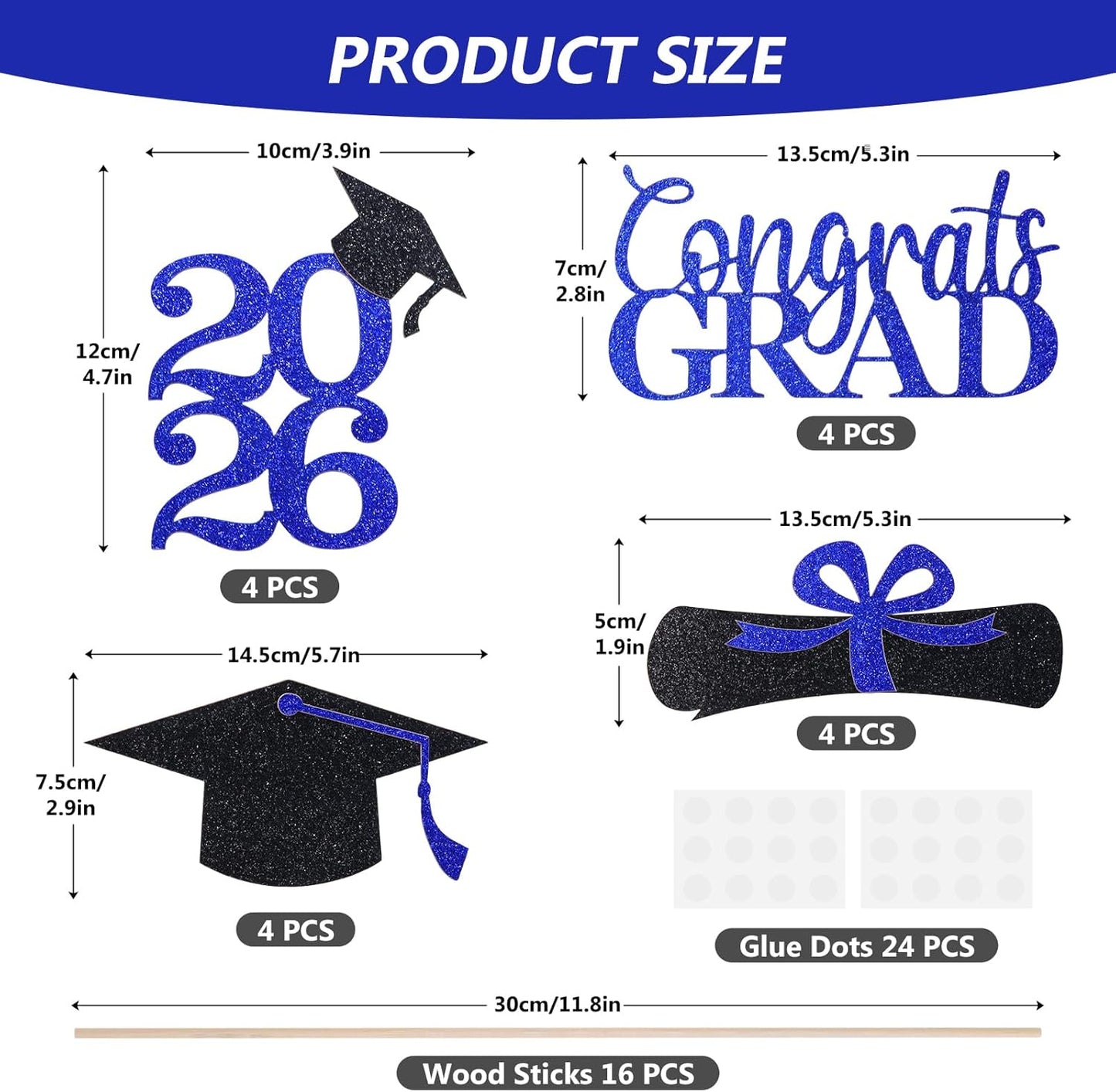 Graduation Decorations 2026, 16pcs Graduation Centerpieces for Table, Gold and Black Graduation Table Centerpieces Toppers, Class of 2026 Graduation Party Decorations Double Sided