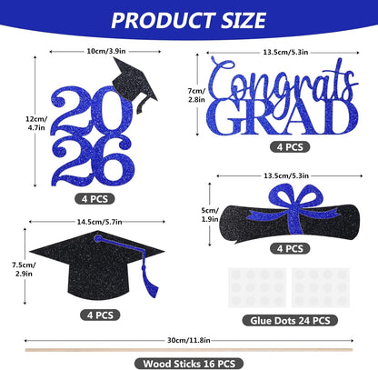 Graduation Decorations 2026, 16pcs Graduation Centerpieces for Table, Gold and Black Graduation Table Centerpieces Toppers, Class of 2026 Graduation Party Decorations Double Sided