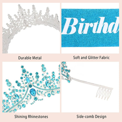 CURASA Birthday Tiara and Sash - Silver Birthday Crown for Women, Perfect for Parties and Celebrations